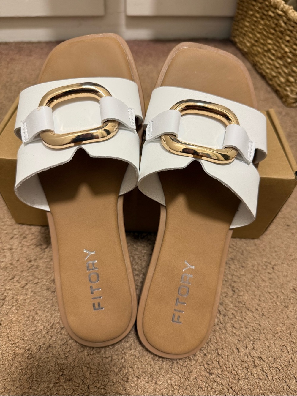 Fitory White Slide Mules with Gold Accent